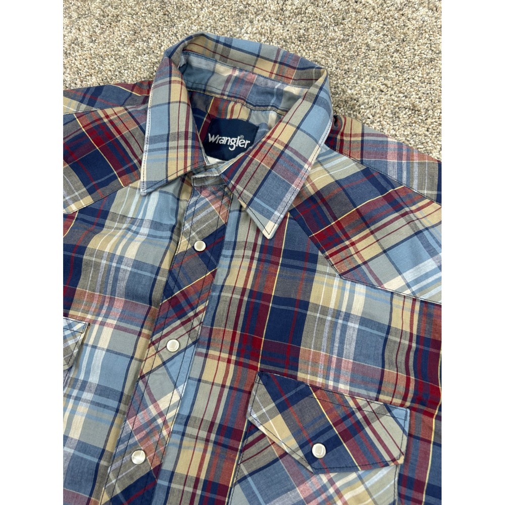 Wrangler Mens Plaid Western Pearl Snap Short Sleeve Blue Red 17.5 Tall #0807